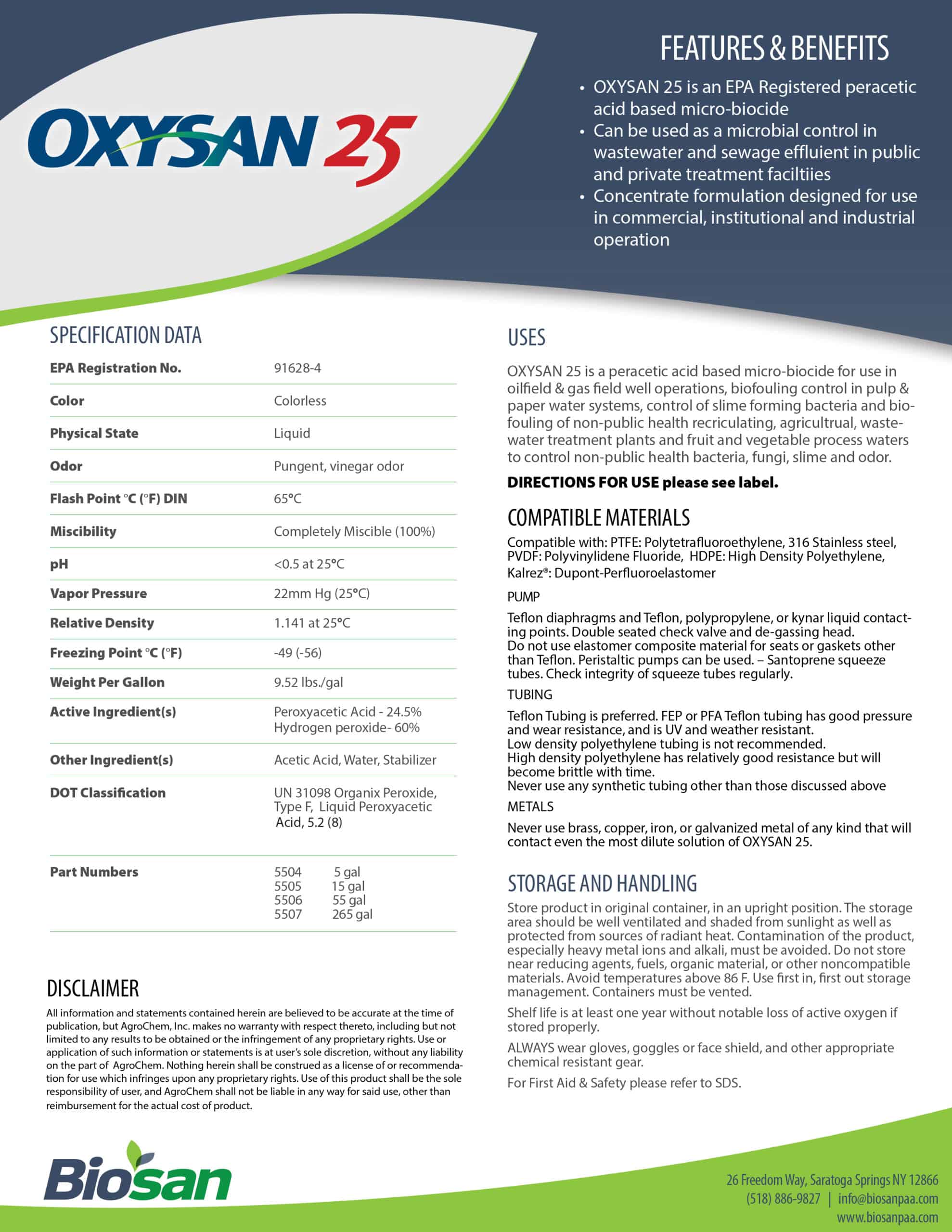 Biosan Oxysan 25 Data Sheet